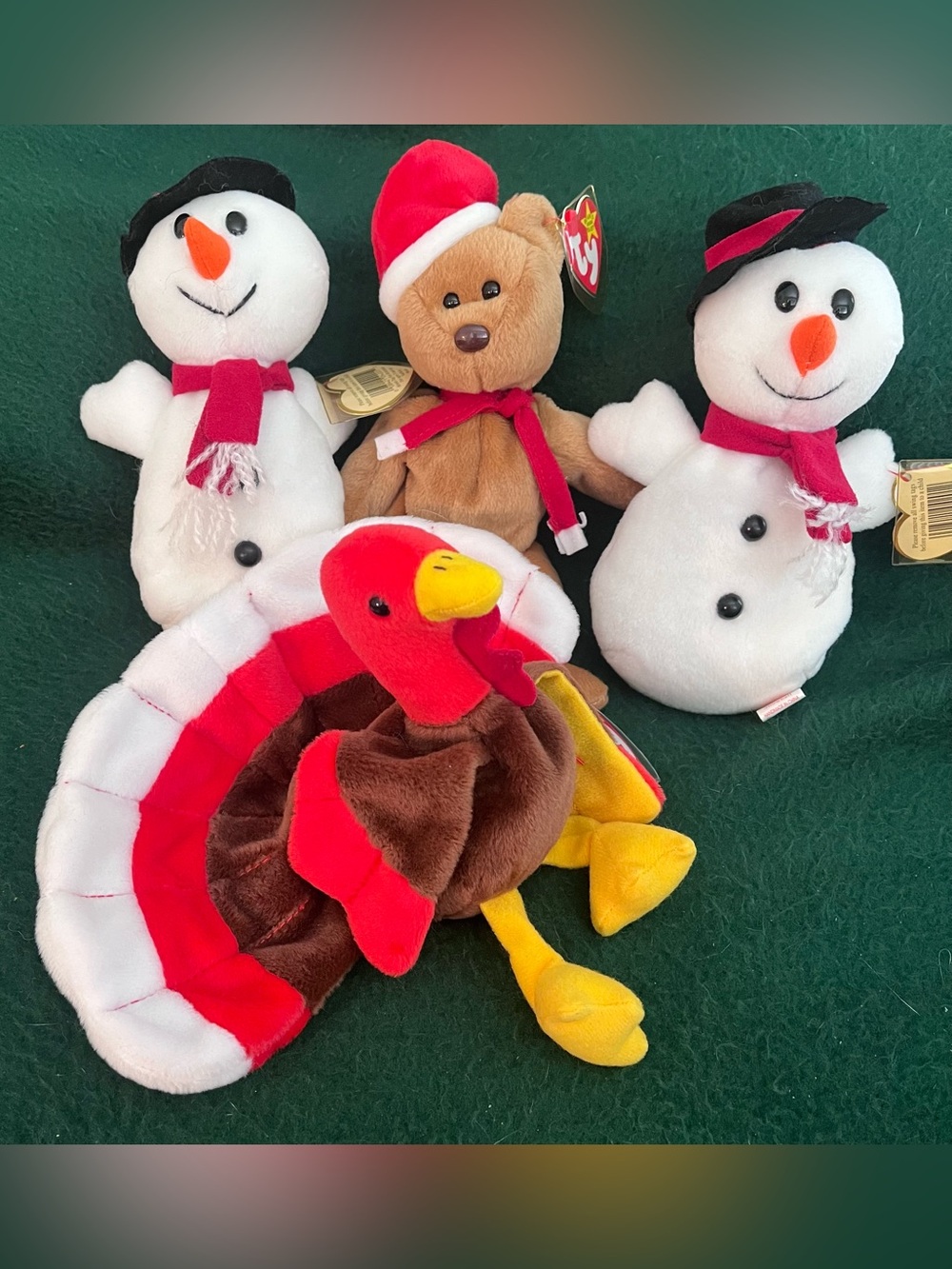 NWT 1996-97 Lot of 4 Holiday Beanie Babies Snowmen Santa Bear Turkey